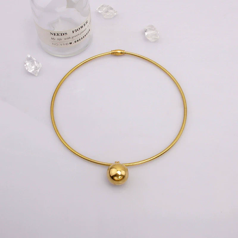 Wholesale Titanium Steel Geometric Metal Ball Pendant Necklace For Women With Water Wave Chain - Image 6