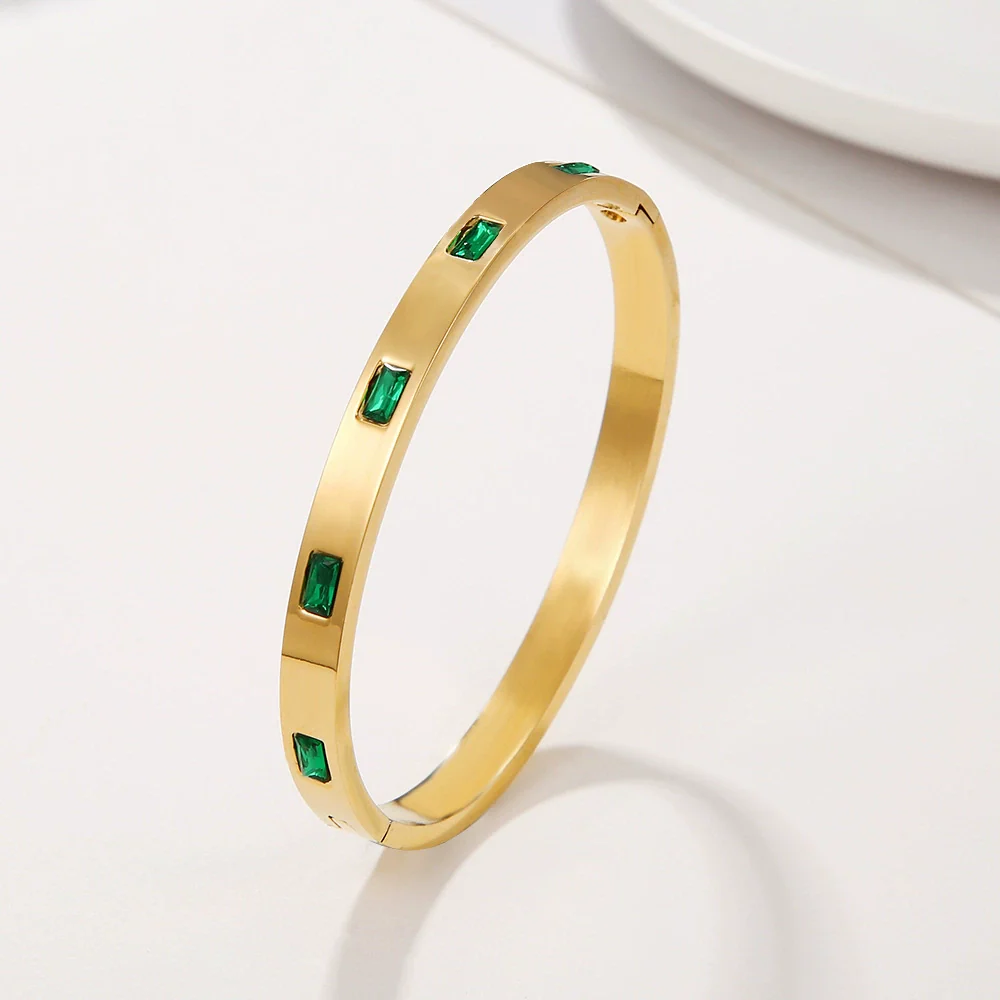 Wholesale Titanium Steel Geometric Open Green Zircon Electroplated Bracelet For Women