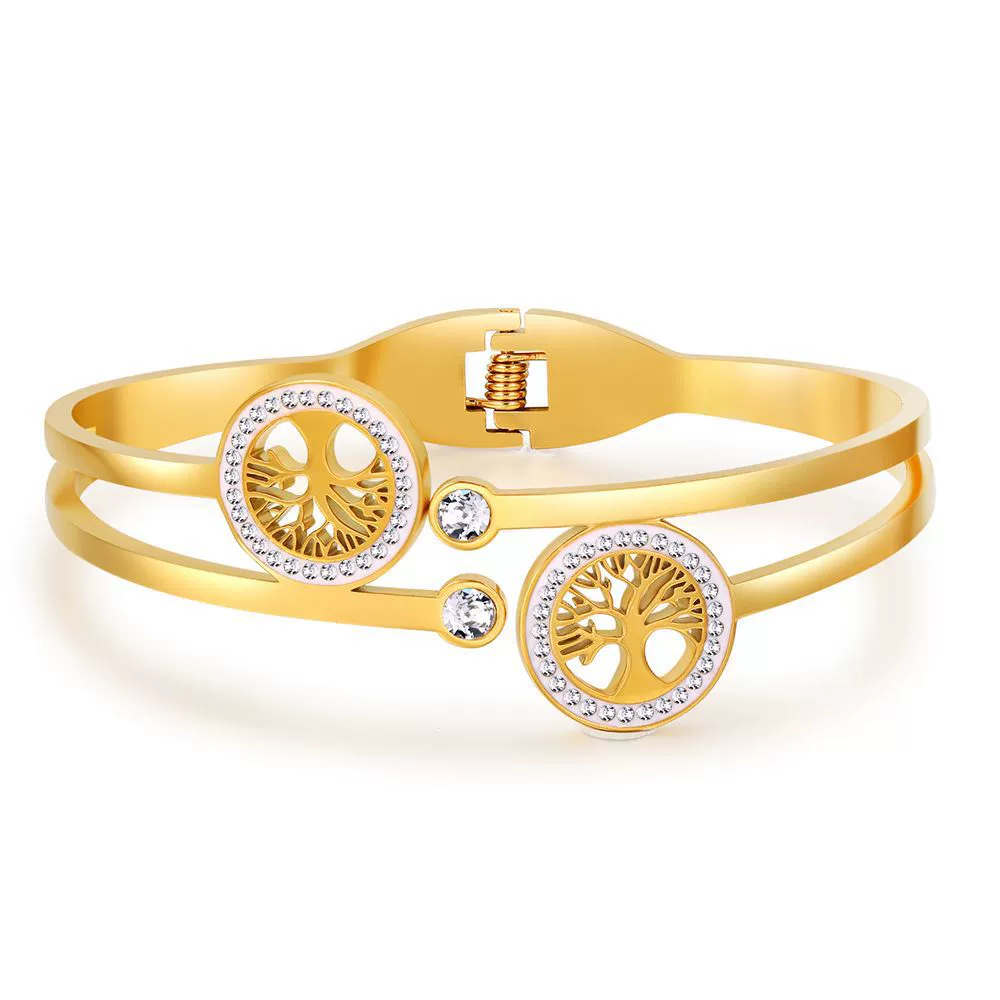 Wholesale Titanium Steel Geometric Open Green Zircon Electroplated Bracelet For Women - Image 16