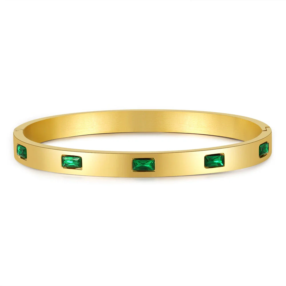 Wholesale Titanium Steel Geometric Open Green Zircon Electroplated Bracelet For Women - Image 2