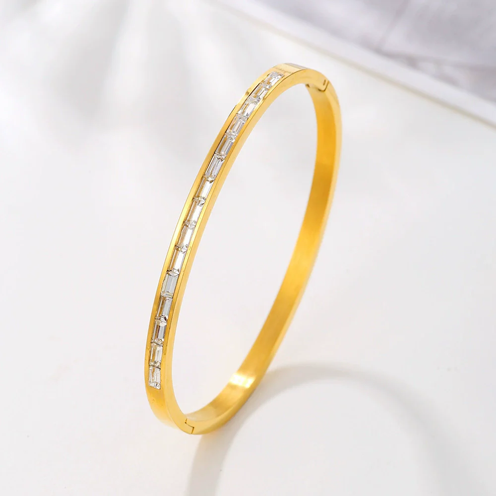 Wholesale Titanium Steel Geometric Open Green Zircon Electroplated Bracelet For Women - Image 29