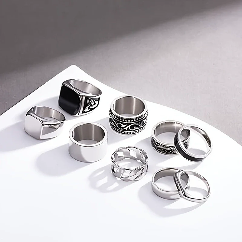 Wholesale Titanium Steel Geometric Polish Couple Ring - Image 4