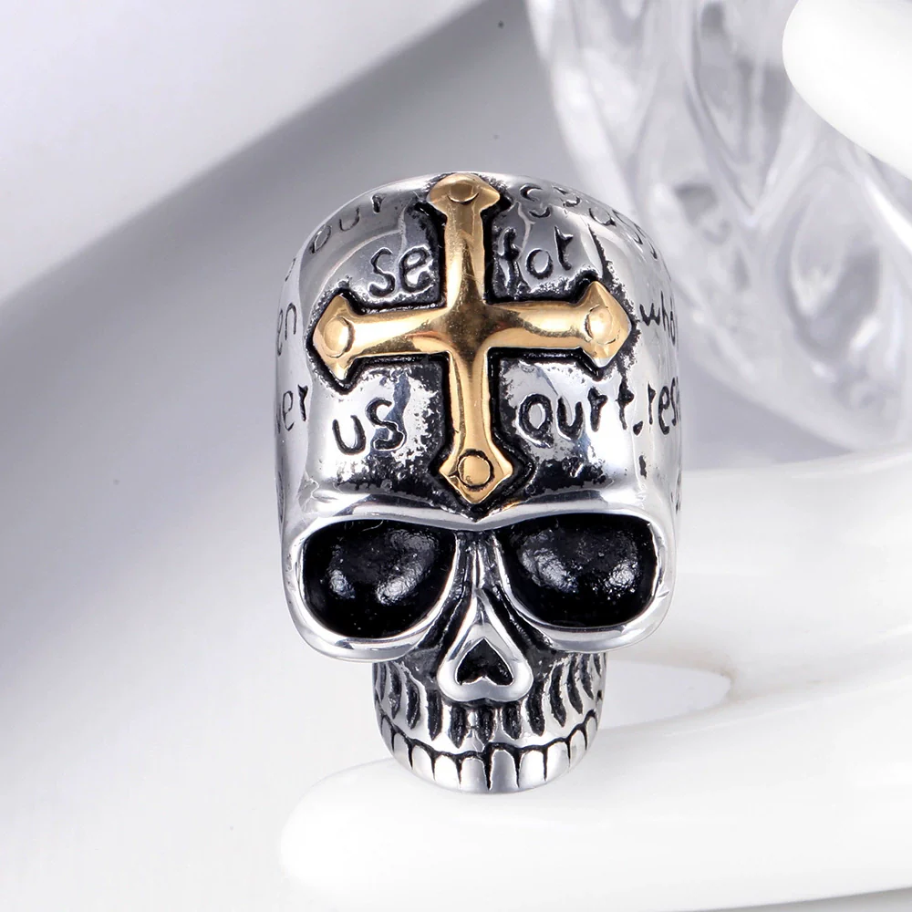 Wholesale Titanium Steel Geometric Skull Cross Unisex Ring With Electroplating - Image 2