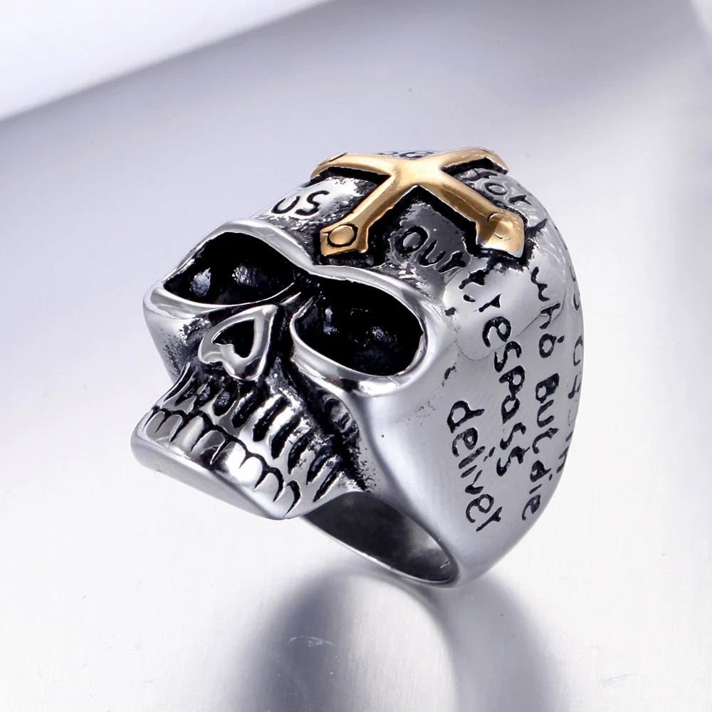Wholesale Titanium Steel Geometric Skull Cross Unisex Ring With Electroplating - Image 4