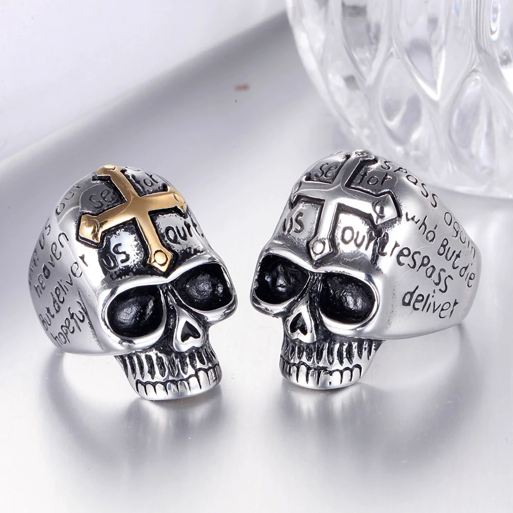 Wholesale Titanium Steel Geometric Skull Cross Unisex Ring With Electroplating - Image 5