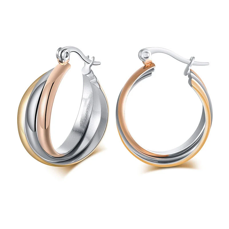 Wholesale Titanium Steel Geometric Threering Threecolor Earrings With Electroplating - Image 6