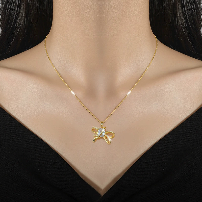 Wholesale Titanium Steel Microinlaid Geometric Bow Women's Necklace Earrings Set With Electroplating - Image 2