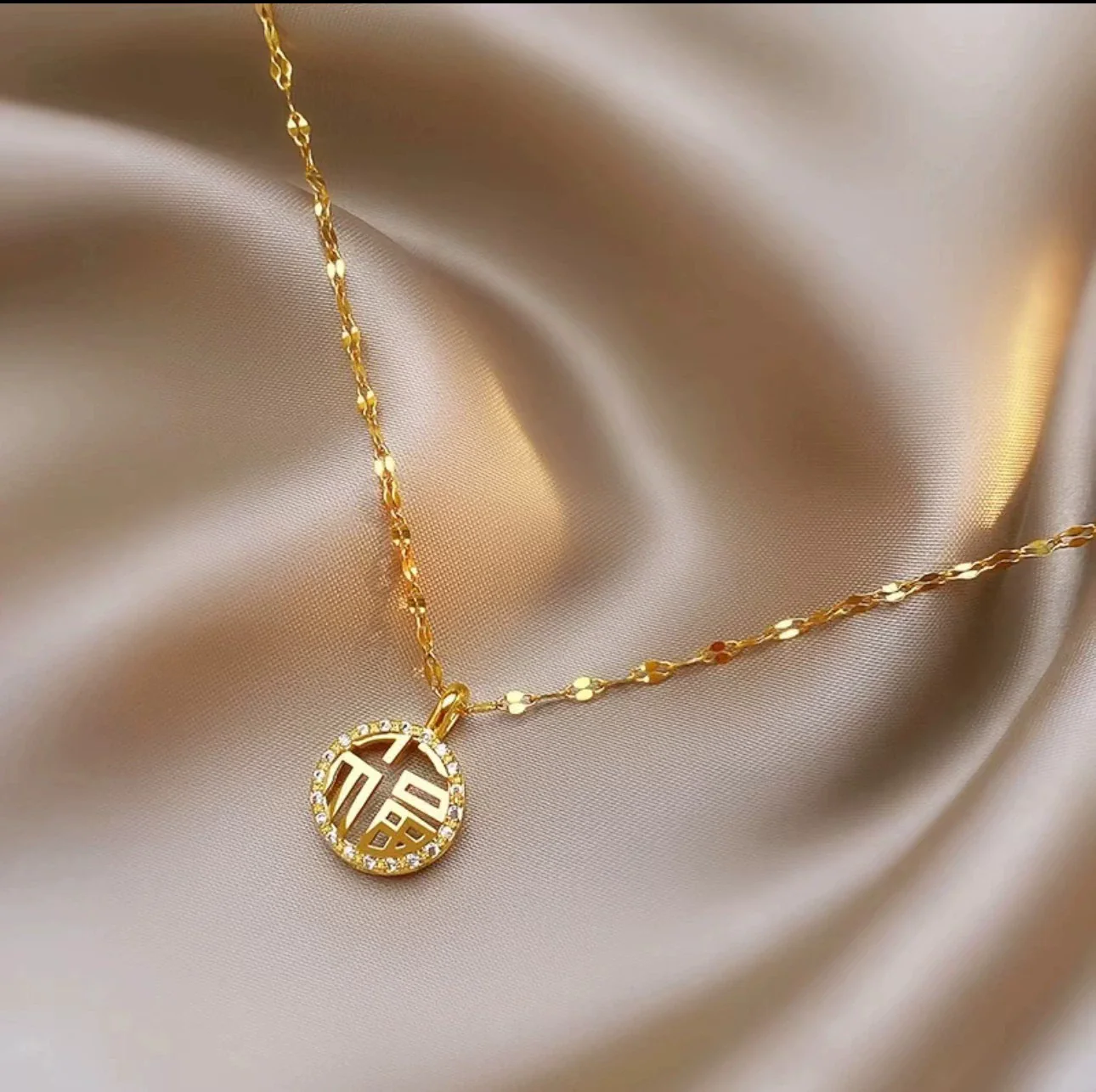 Wholesale Titanium Steel Necklace With Hollow Lucky Word Pendant Full Diamond Electroplated Women's Fashion Minimalist Jewelry - Image 3