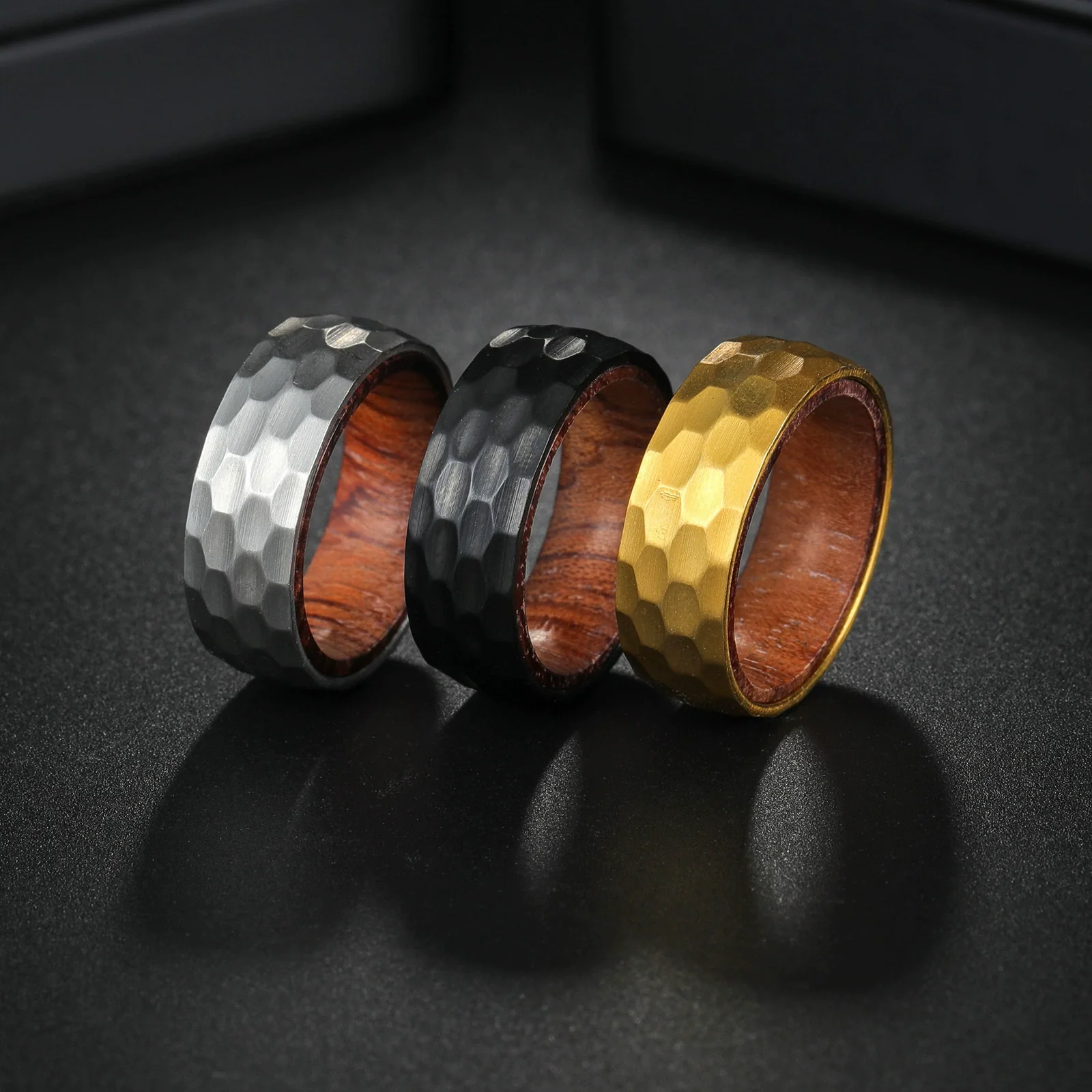 Wholesale Titanium Steel Ring With Hammering Pattern Inlaid Pear Flower Wood And Letters Numbers Text Styling