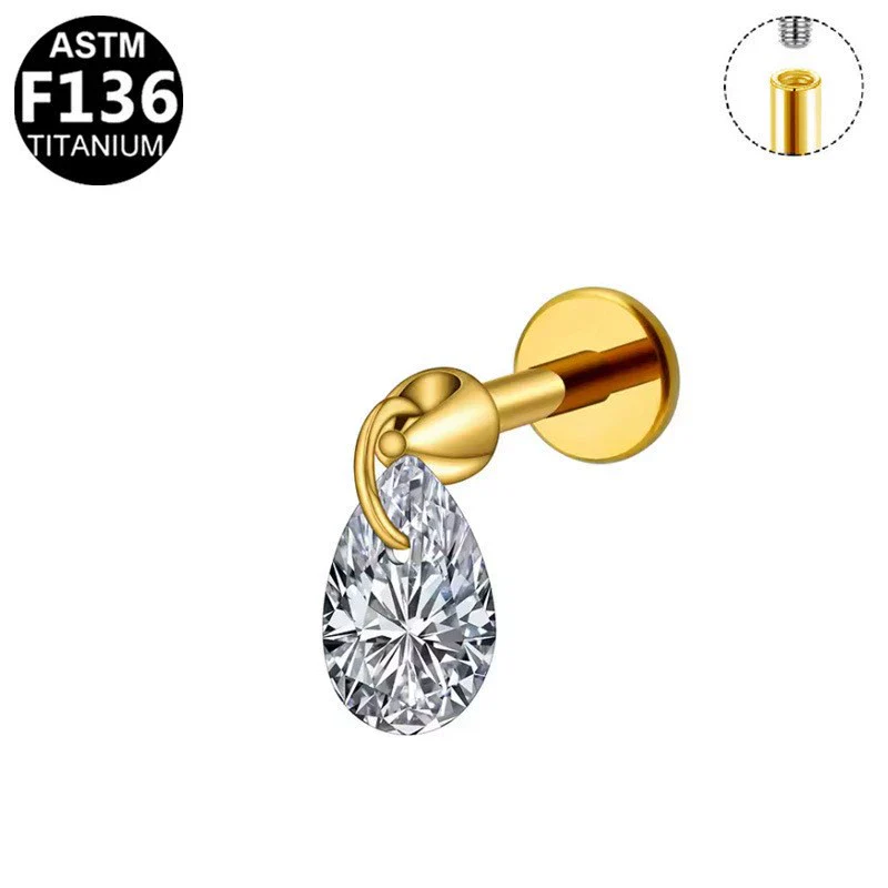 Wholesale Titanium Steel Water Drop Zircon Ear Nail And Lip Nail With Heart Bow Tie Star Shape Electroplating For Unisex - Image 6