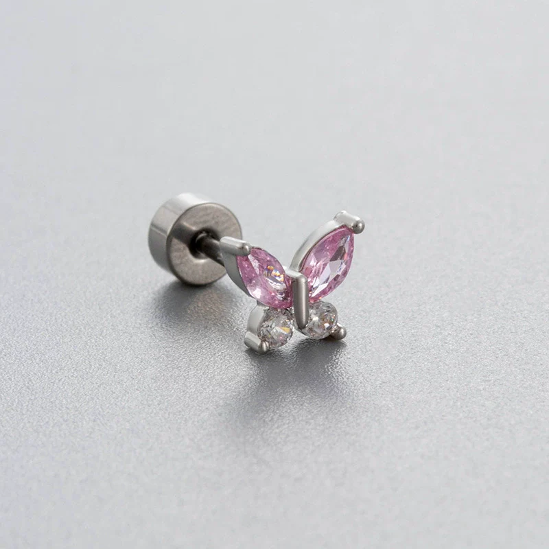 Wholesale Titanium Steel Women's Heart Shape Pink Zircon Butterfly Screw Ear Nail With Fairy Style - Image 2