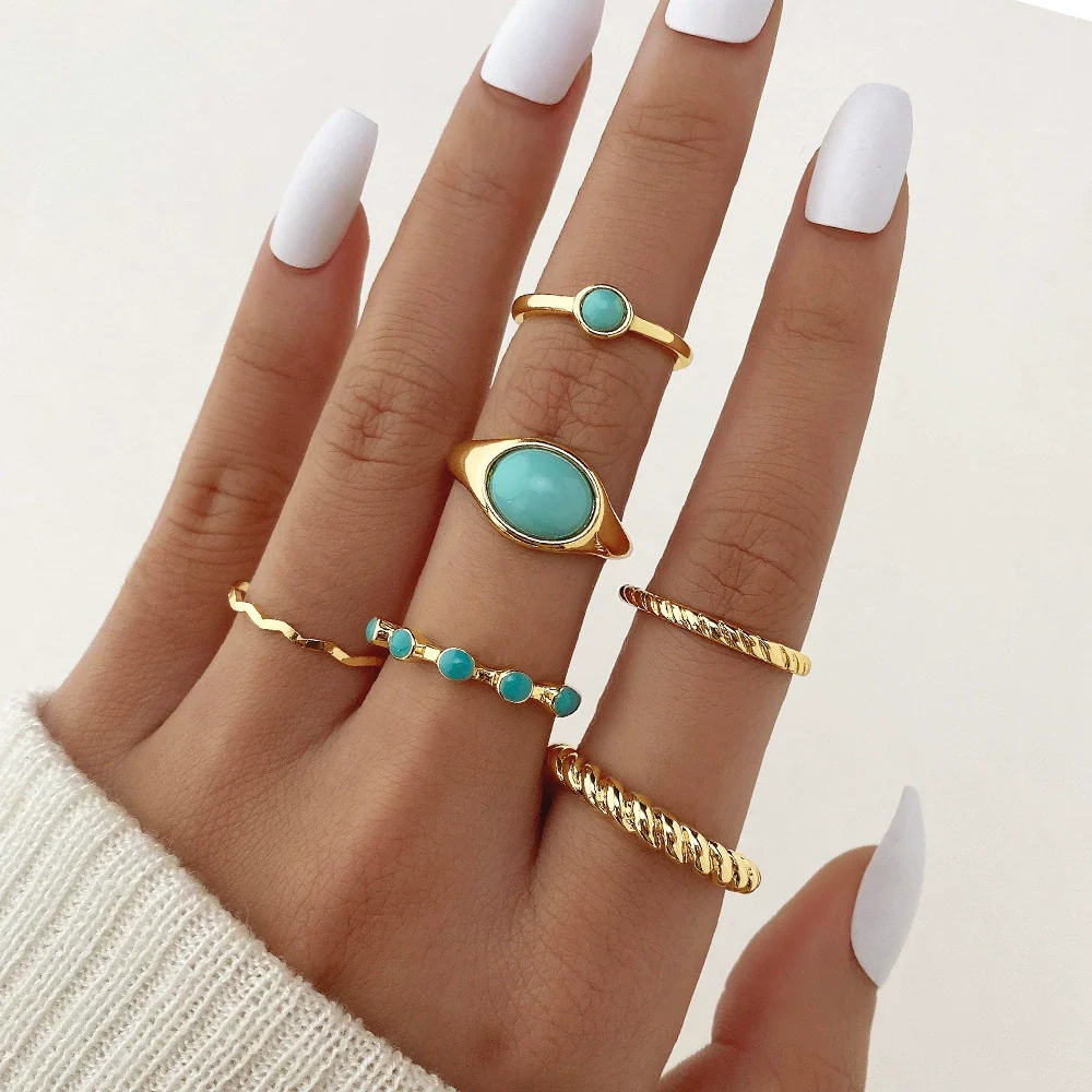 Wholesale Turquoise Retro Geometric Inlay Ladies Ring