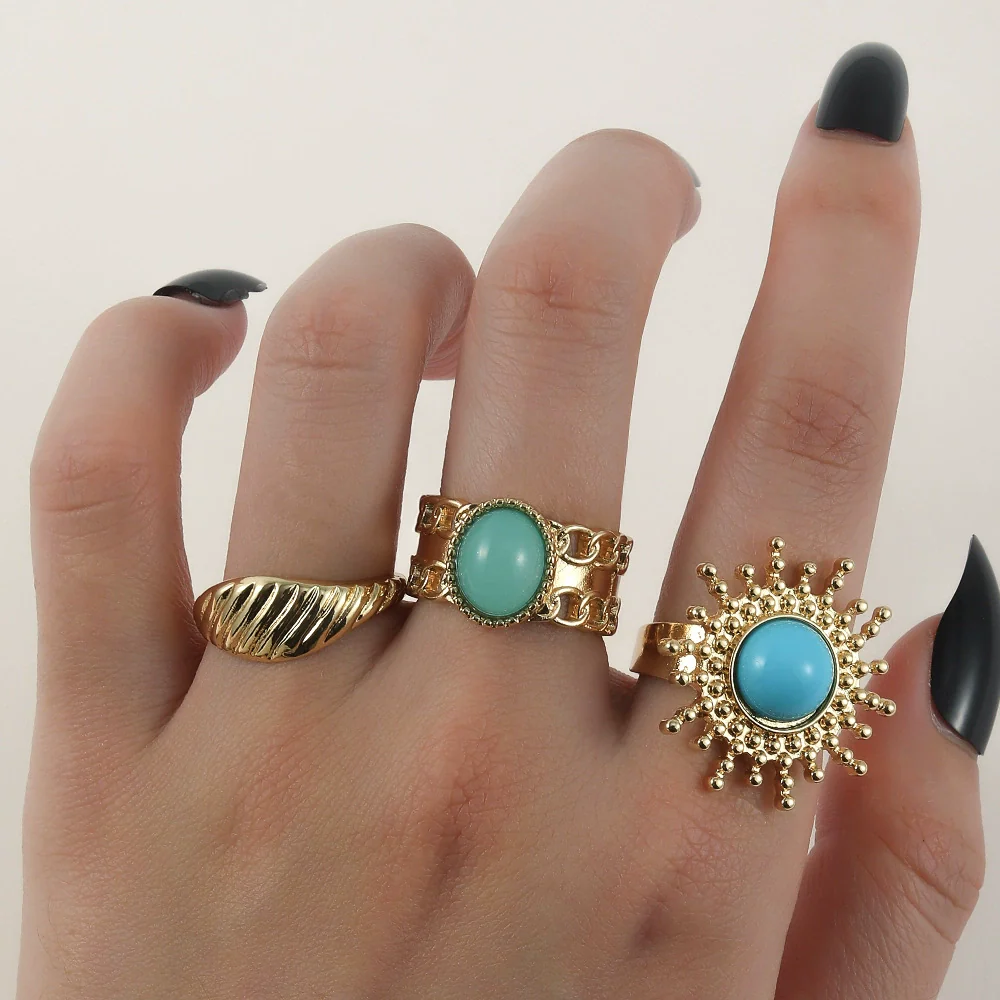 Wholesale Turquoise Retro Geometric Inlay Ladies Ring - Image 10