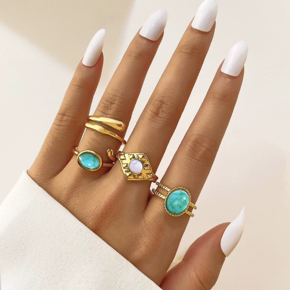 Wholesale Turquoise Retro Geometric Inlay Ladies Ring - Image 6