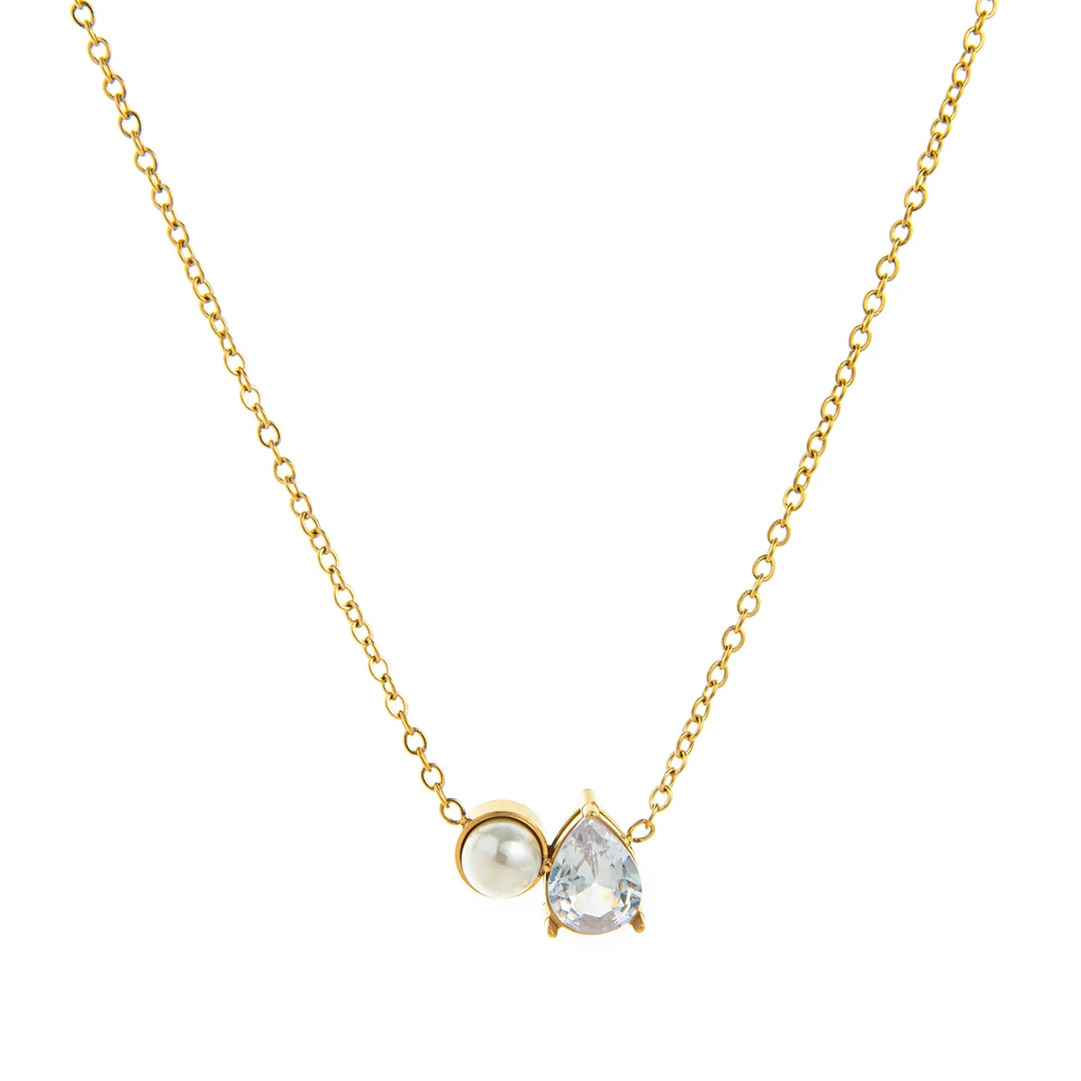 Wholesale Unisex Ancient Geometric Style Electroplated Stainless Steel Water Drop Pearl Zircon Pendant Ochain Necklace - Image 9