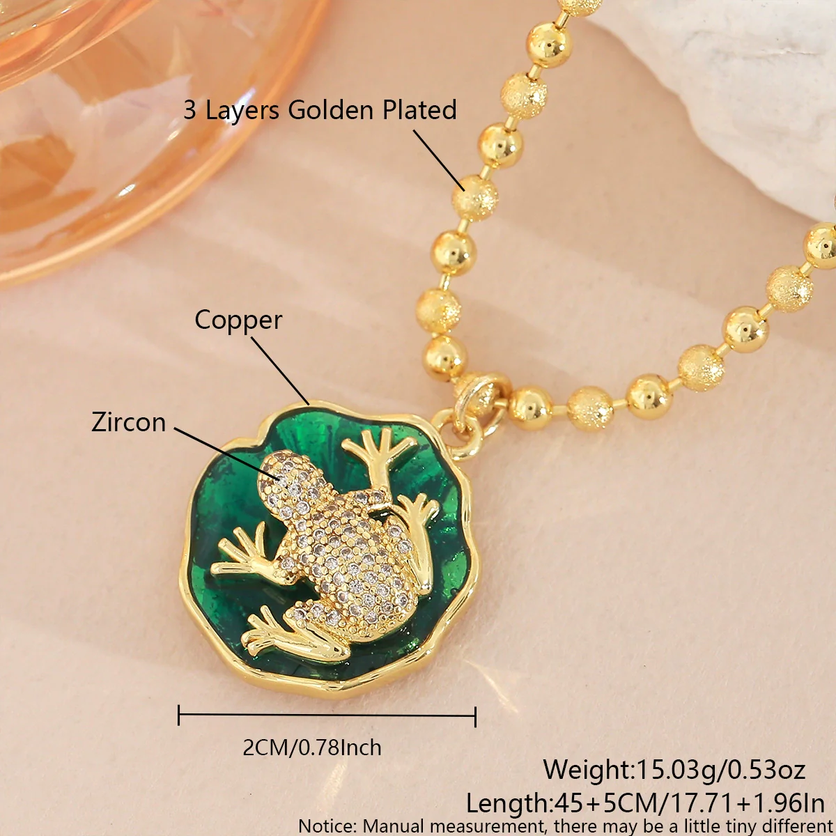 Wholesale Unisex Animal Shaped Copper 18K Gold Plated Frog Pendant Necklace With Ball Chain - Image 9