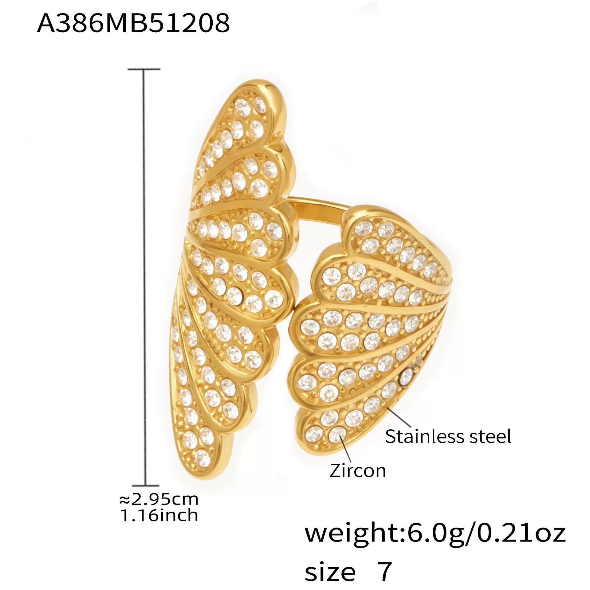 Wholesale Unisex Cold Style Geometric Stainless Steel Peacock Tail Zircon Ring Plated With 18K Real Gold - Image 6