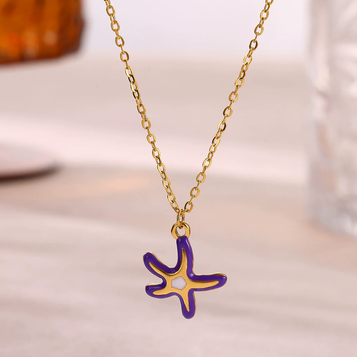 Wholesale Unisex Colorful Oildropping Gold Electroplated Stainless Steel Starfish Pendant Cross Chain Necklace - Image 2