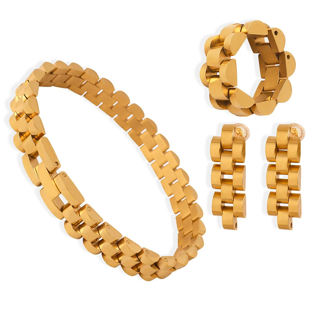 Wholesale Unisex Exaggerated Geometric Jewelry Set With Chain Design Titanium Steel Gold Plated Earrings Necklace - Image 5