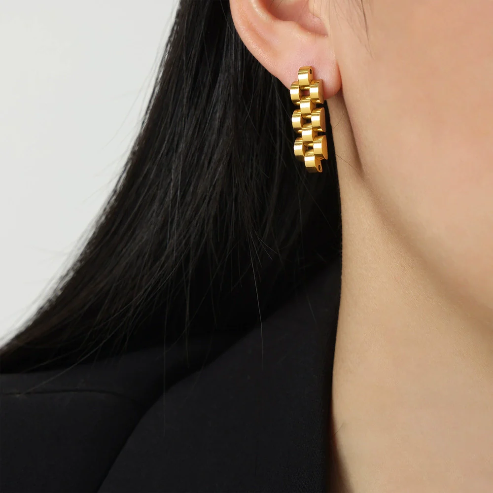 Wholesale Unisex Exaggerated Geometric Jewelry Set With Chain Design Titanium Steel Gold Plated Earrings Necklace - Image 8