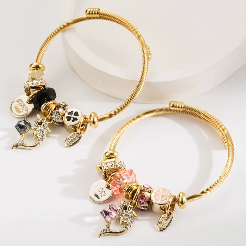 Wholesale Unisex Fashion Animal Diamond Inlaid Titanium Steel Bracelet With Dolphin Pendant - Image 3