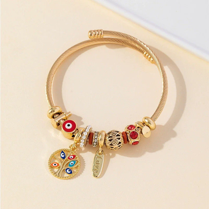 Wholesale Unisex Fashion Geometric Electroplated Stainless Steel Alloy Bracelet With Devil's Eye And Tree Of Life Pendant - Image 4