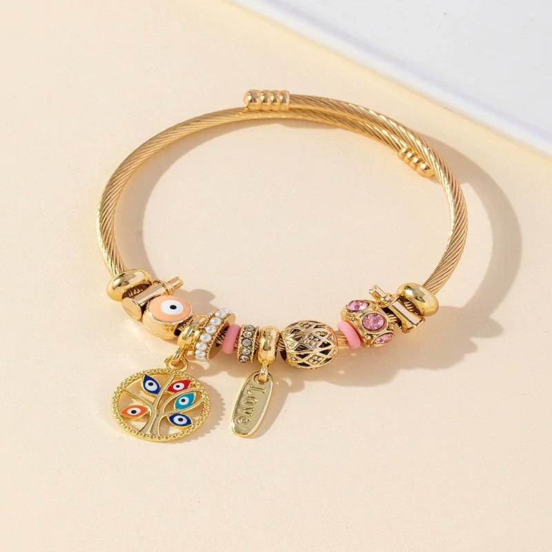Wholesale Unisex Fashion Geometric Electroplated Stainless Steel Alloy Bracelet With Devil's Eye And Tree Of Life Pendant - Image 6