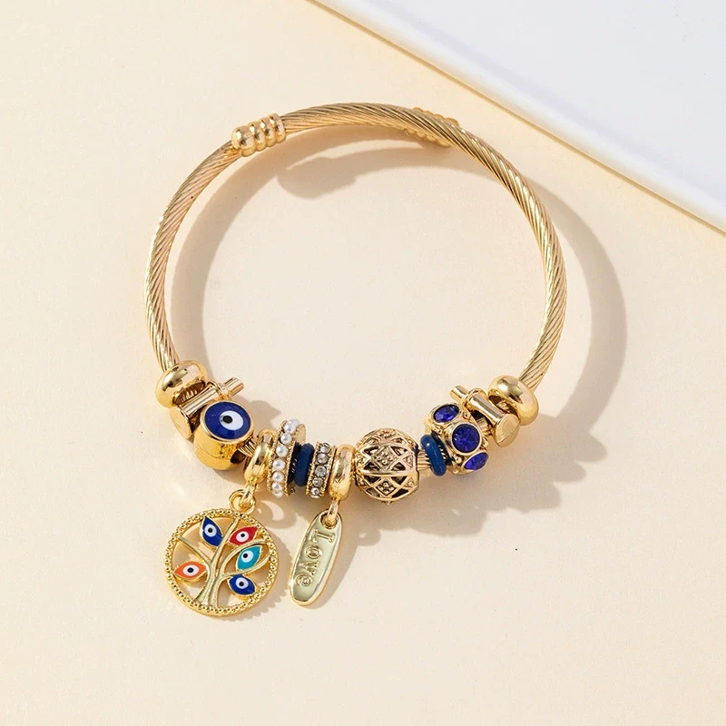 Wholesale Unisex Fashion Geometric Electroplated Stainless Steel Alloy Bracelet With Devil's Eye And Tree Of Life Pendant - Image 7