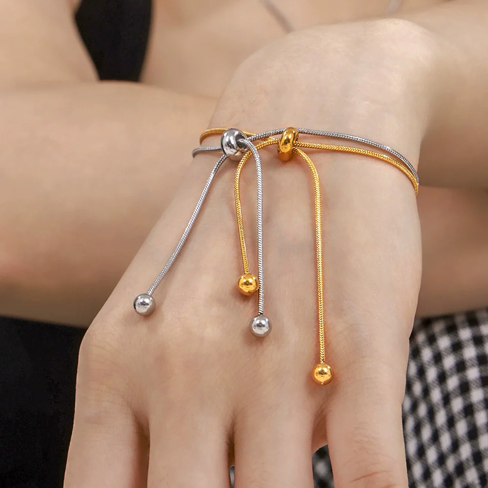 Wholesale Unisex Fashion Geometric Round Bead Pull Buckle Tassel Titanium Steel Electroplated 18K Gold Jewelry Set Of Necklace Bracelet And Anklet - Image 3