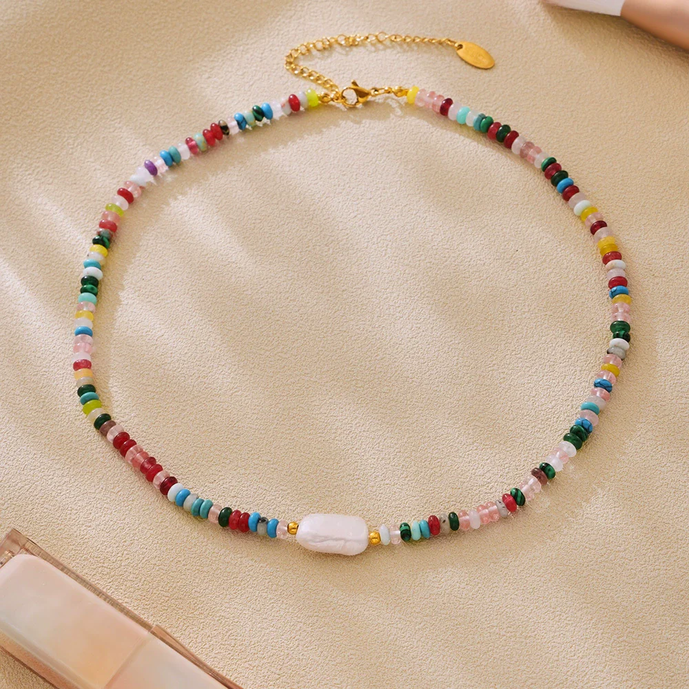 Wholesale Unisex Ferris Wheel Colorful Natural Stone Beaded Necklace With Freshwater Rice Pearl Simple Geometric Titanium Steel Electroplated Clavicle Chain - Image 2