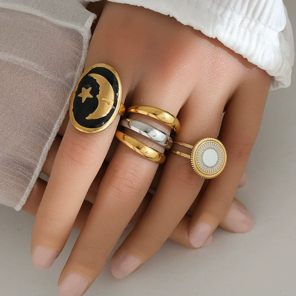 Wholesale Unisex Geometric Electroplated Titanium Steel Ring With Starry Sky Moon Design - Image 2