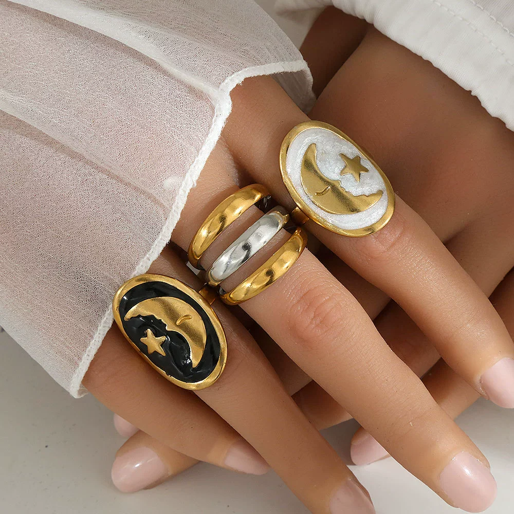 Wholesale Unisex Geometric Electroplated Titanium Steel Ring With Starry Sky Moon Design - Image 3