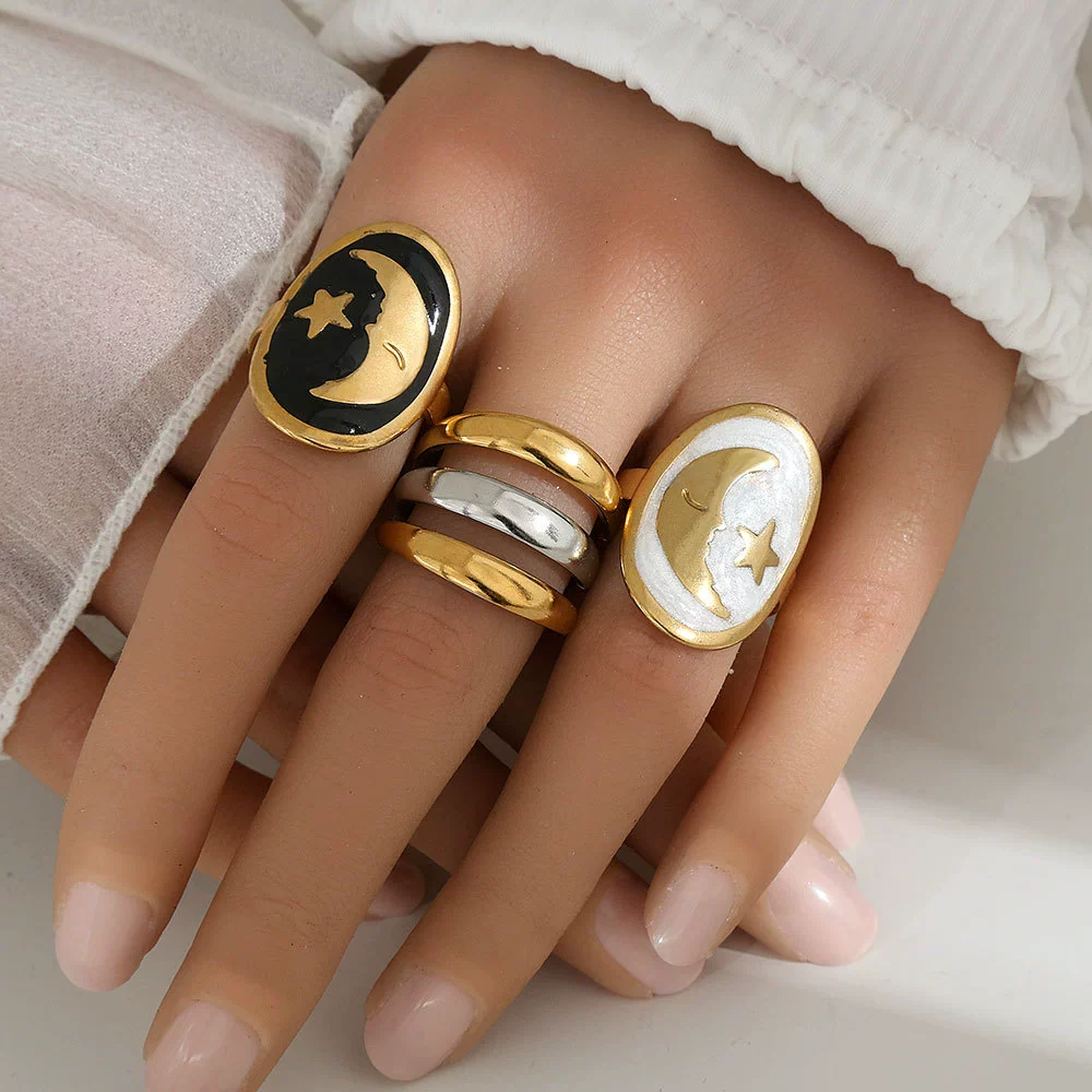 Wholesale Unisex Geometric Electroplated Titanium Steel Ring With Starry Sky Moon Design - Image 4