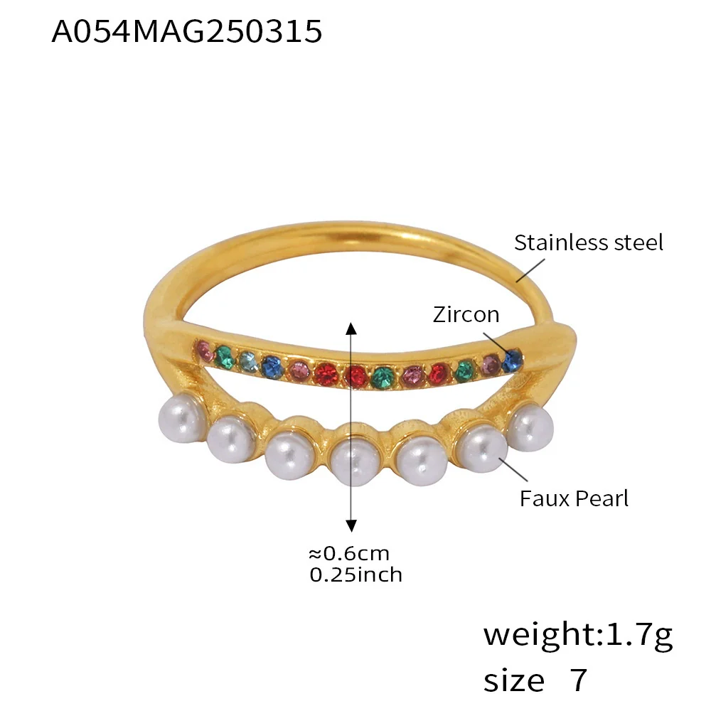 Wholesale Unisex Geometric Ferris Wheel Inlaid Colored Zircon Row Drill Ring With Imitation Pearls Titanium Steel Gold Plated Jewelry - Image 11