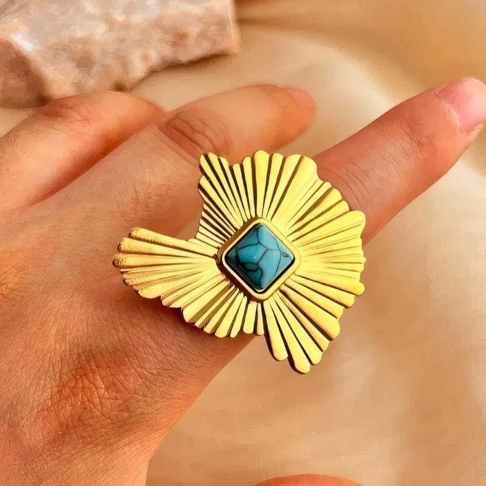 Wholesale Unisex Geometric Real Gold Plated Ruffled Natural Stone Stainless Steel Open Ring That Does Not Fade - Image 3