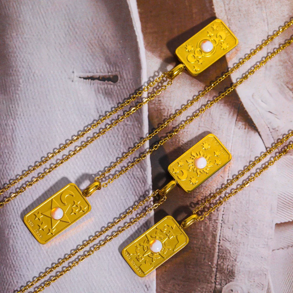 Wholesale Unisex Geometric Star Sun Moon Titanium Steel Necklace With Gold Inlaid Stereo Embossed Opal Pendant And Snake Bone Chain - Image 3