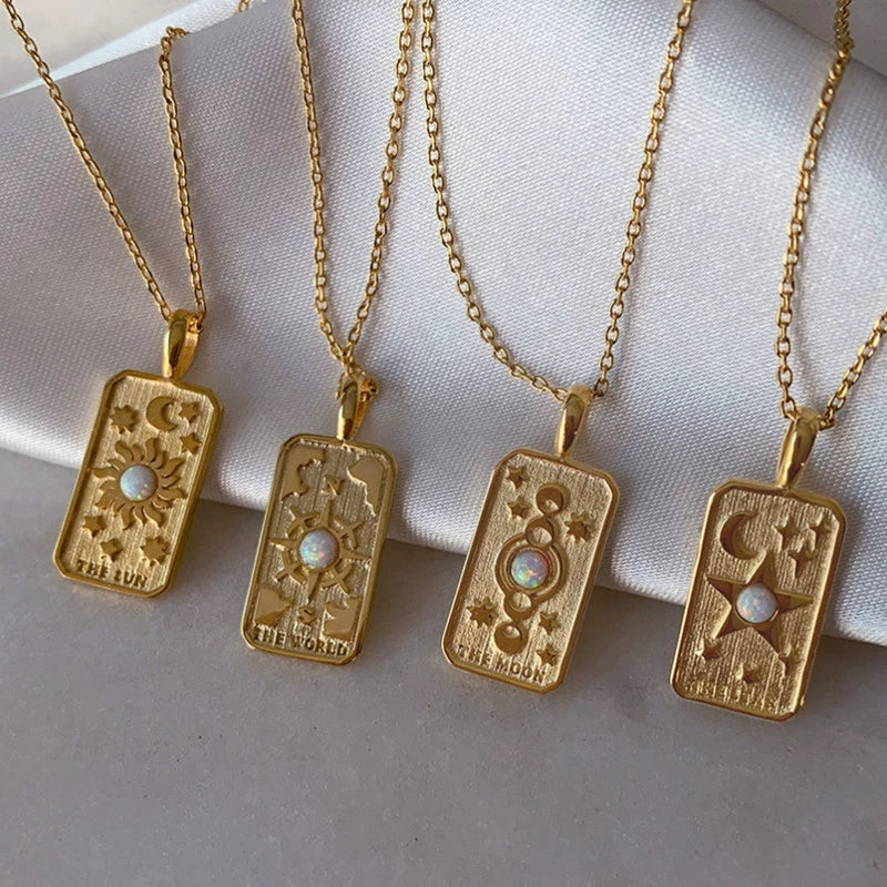 Wholesale Unisex Geometric Star Sun Moon Titanium Steel Necklace With Gold Inlaid Stereo Embossed Opal Pendant And Snake Bone Chain - Image 4