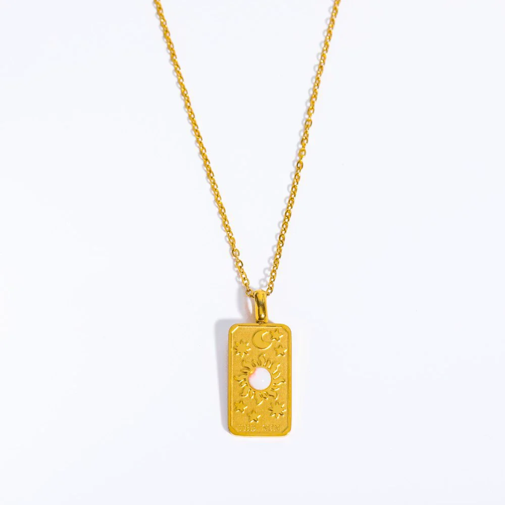 Wholesale Unisex Geometric Star Sun Moon Titanium Steel Necklace With Gold Inlaid Stereo Embossed Opal Pendant And Snake Bone Chain - Image 5