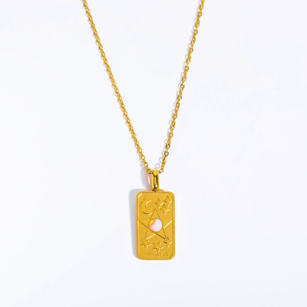 Wholesale Unisex Geometric Star Sun Moon Titanium Steel Necklace With Gold Inlaid Stereo Embossed Opal Pendant And Snake Bone Chain - Image 8