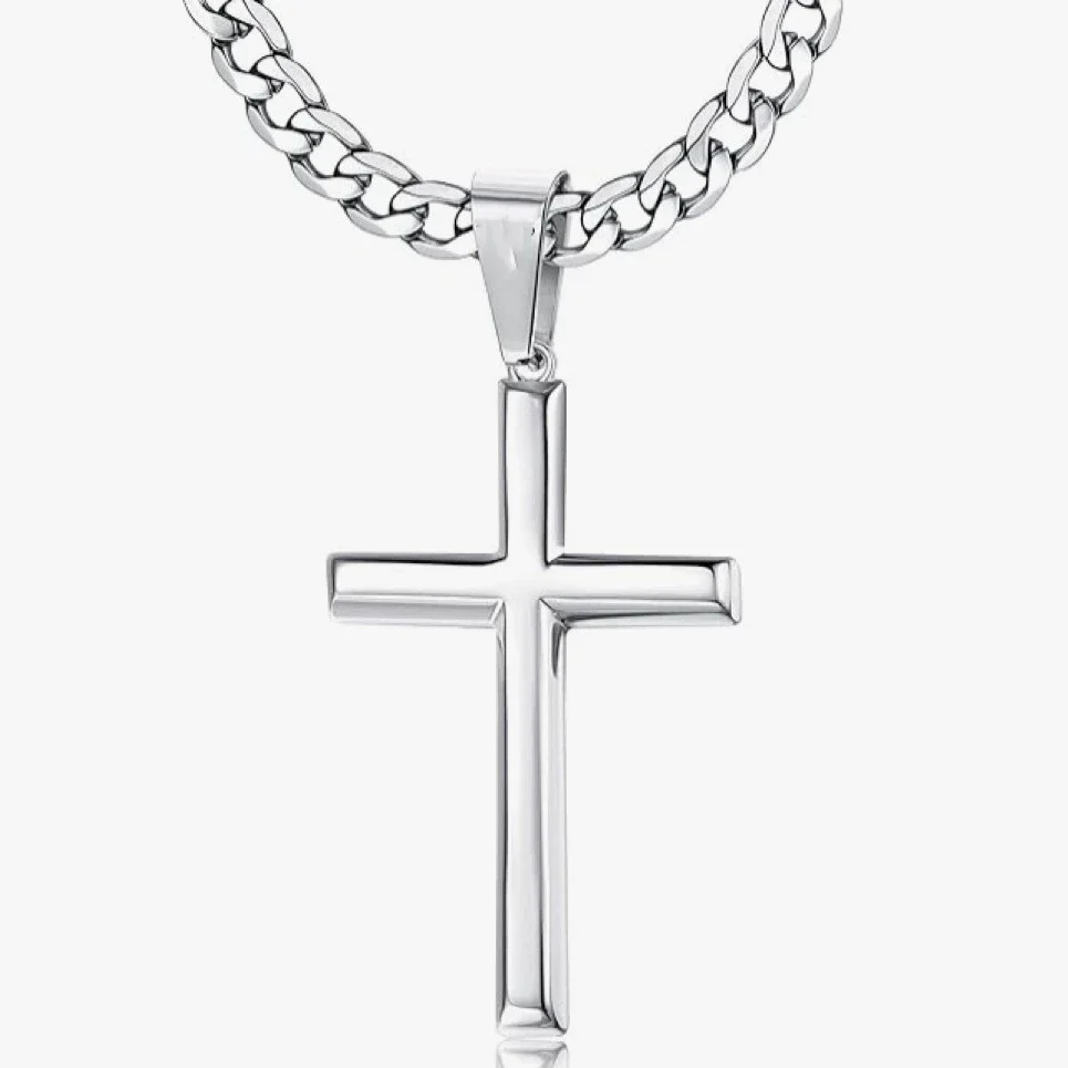 Wholesale Unisex Geometric Titanium Steel Cross Pendant Necklace With Polish Finish And Cuban Chain