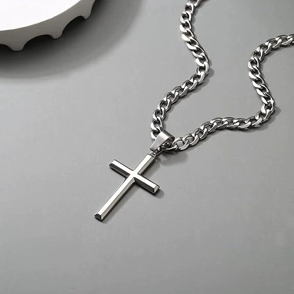 Wholesale Unisex Geometric Titanium Steel Cross Pendant Necklace With Polish Finish And Cuban Chain - Image 2