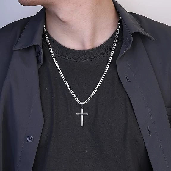 Wholesale Unisex Geometric Titanium Steel Cross Pendant Necklace With Polish Finish And Cuban Chain - Image 4