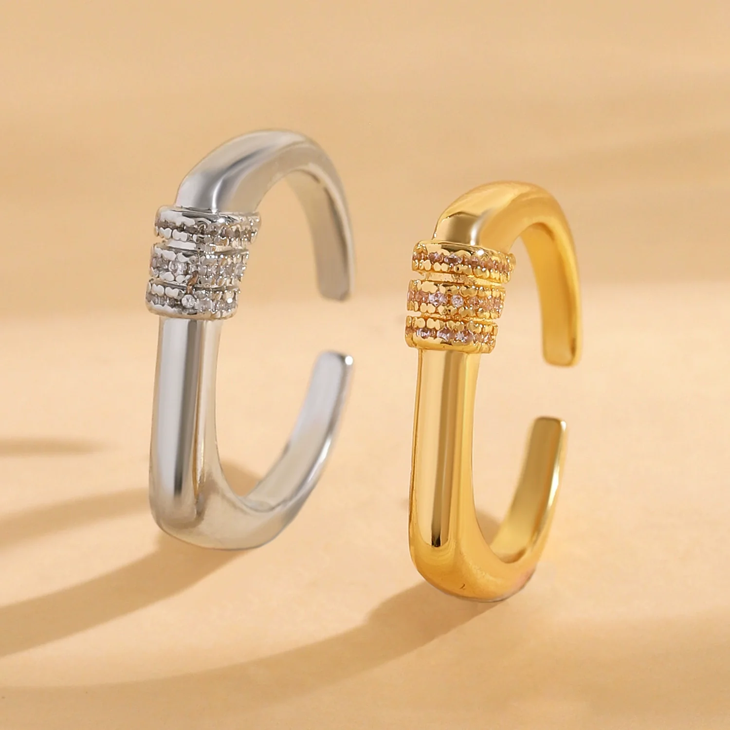 Wholesale Unisex Geometric Ushaped Copper Ring With Microinlaid Threelayer Zircon And Electroplating - Image 3