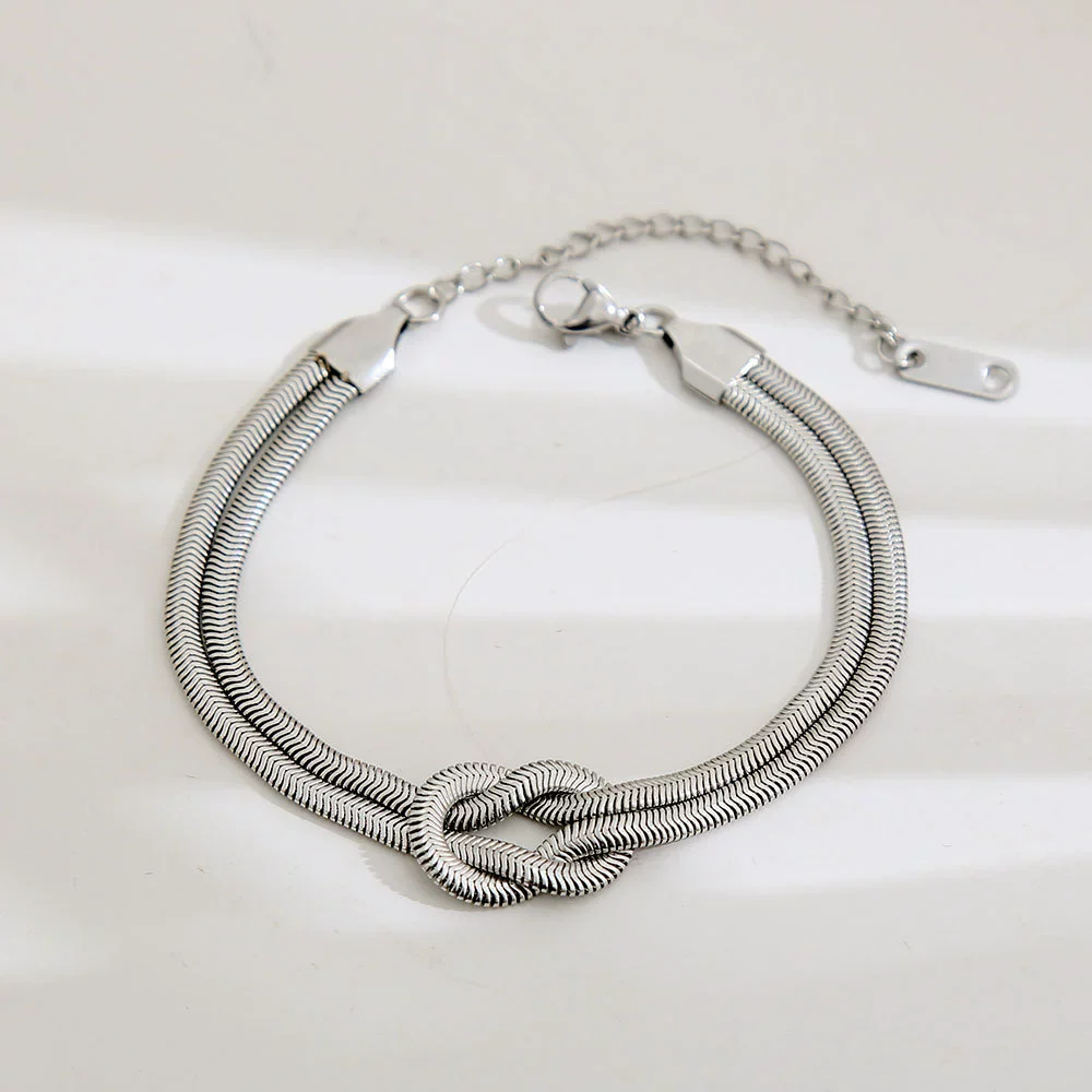 Wholesale Unisex Ins Style Geometric Stainless Steel Handmade Knotted Snake Chain Herringbone Real Gold Plated Bracelet Necklace Ring - Image 6