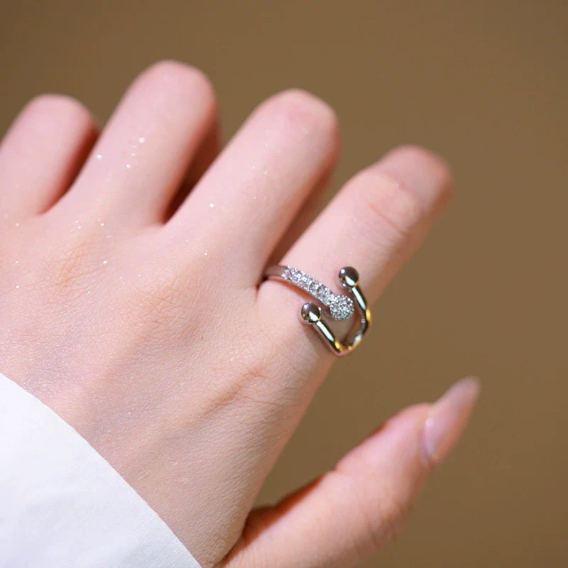 Wholesale Unisex Light Luxury Microinlaid Zircon Ushaped Horseshoe Buckle Adjustable Ring Gold Plated Copper - Image 3