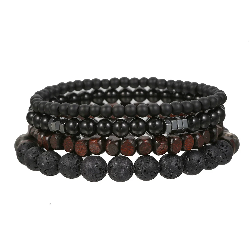 Wholesale Unisex Retro Handmade Geometric Volcanic Stone And Wooden Beads Double Layer Stacked Bracelet - Image 10