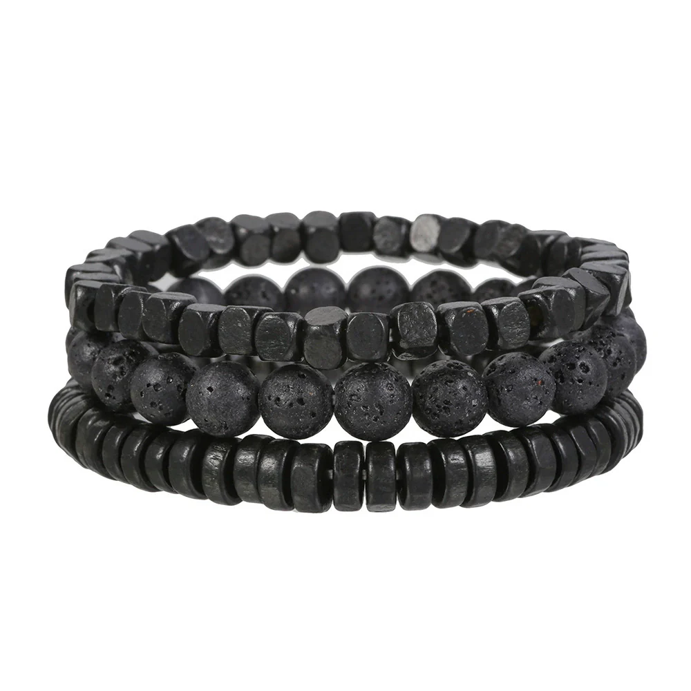 Wholesale Unisex Retro Handmade Geometric Volcanic Stone And Wooden Beads Double Layer Stacked Bracelet - Image 11