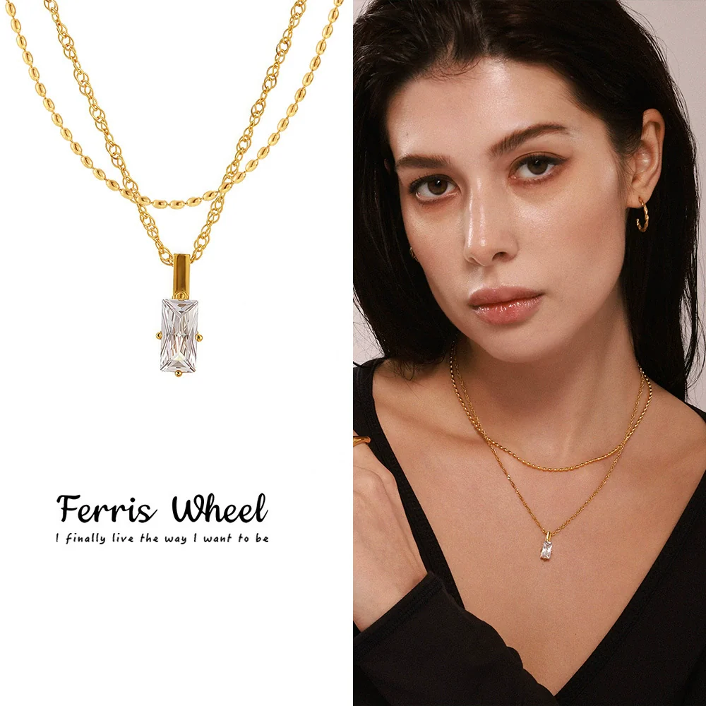 Wholesale Unisex Simple Geometric Ferris Wheel Rectangular Zircon Necklace In Titanium Steel With Electroplating