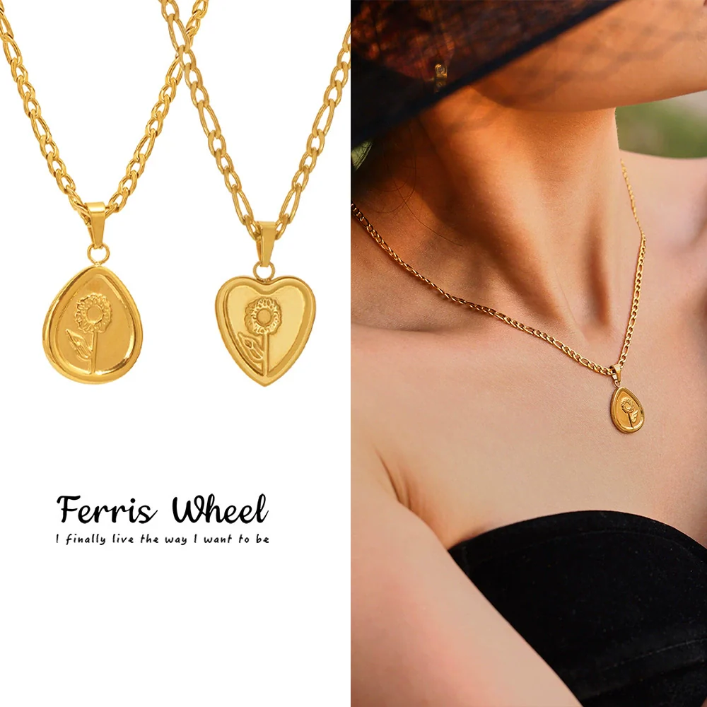 Wholesale Unisex Simple Geometric Ferris Wheel Sunflower Peach Heart Dropshaped Electroplated Titanium Steel Pendant Necklace