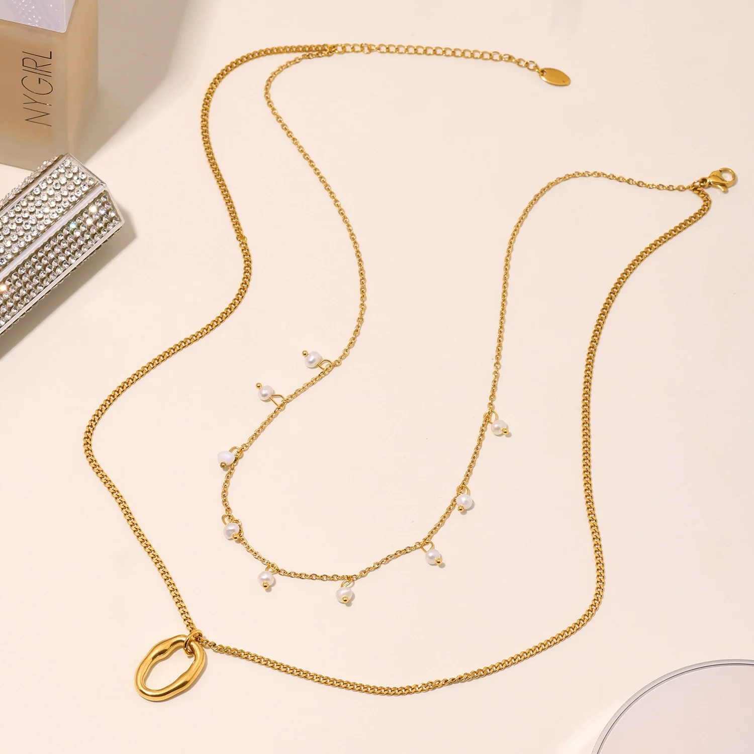 Wholesale Unisex Simple Minimalist Geometric Ferris Wheel Pendant Necklace With Pearl Tassel Double Layer Overlapping Stainless Steel Shell Beads Titanium Steel Electroplated - Image 2